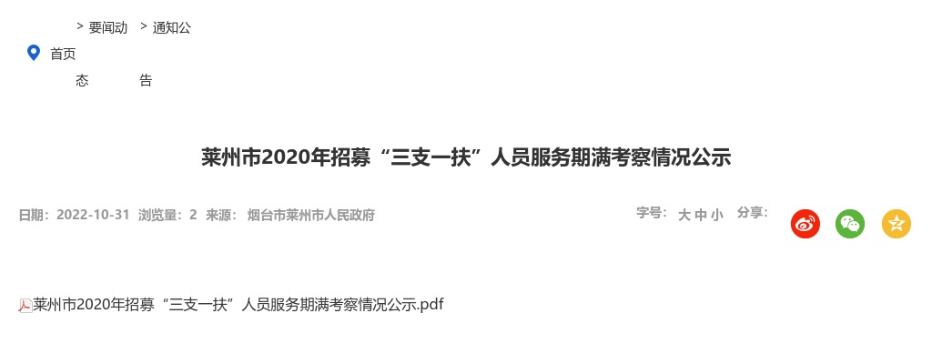 2020年烟台莱州市招募“三支一扶”人员服务期满考察情况公示 图片